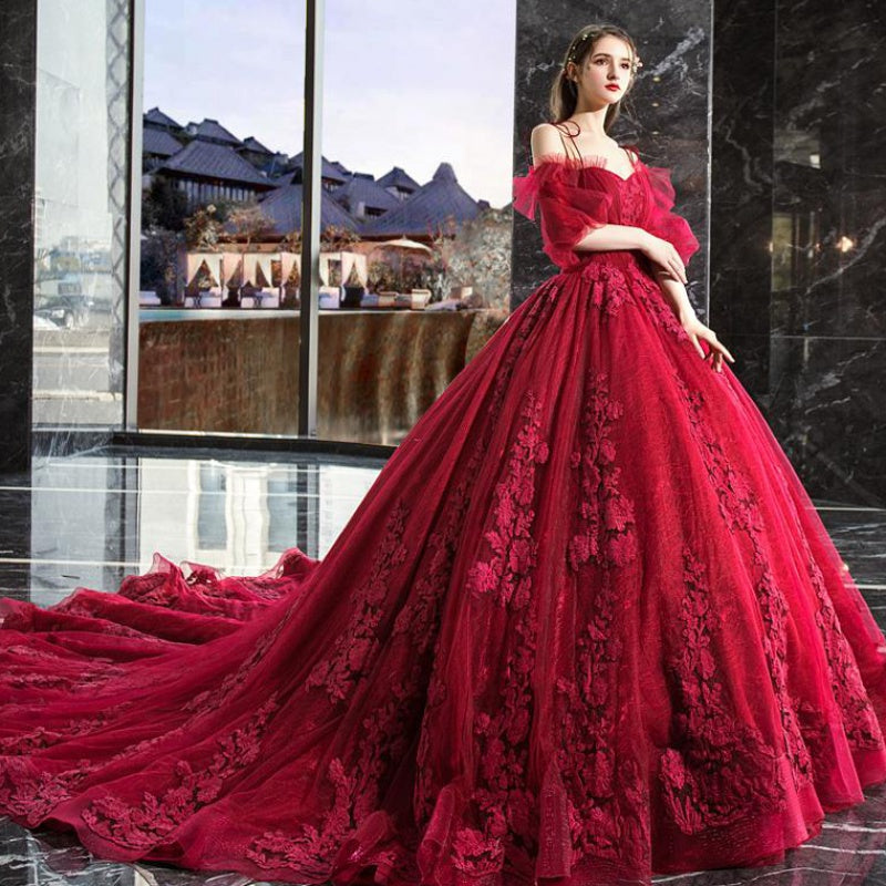 Burgundy lace long A line ball gown dress formal dress  10099