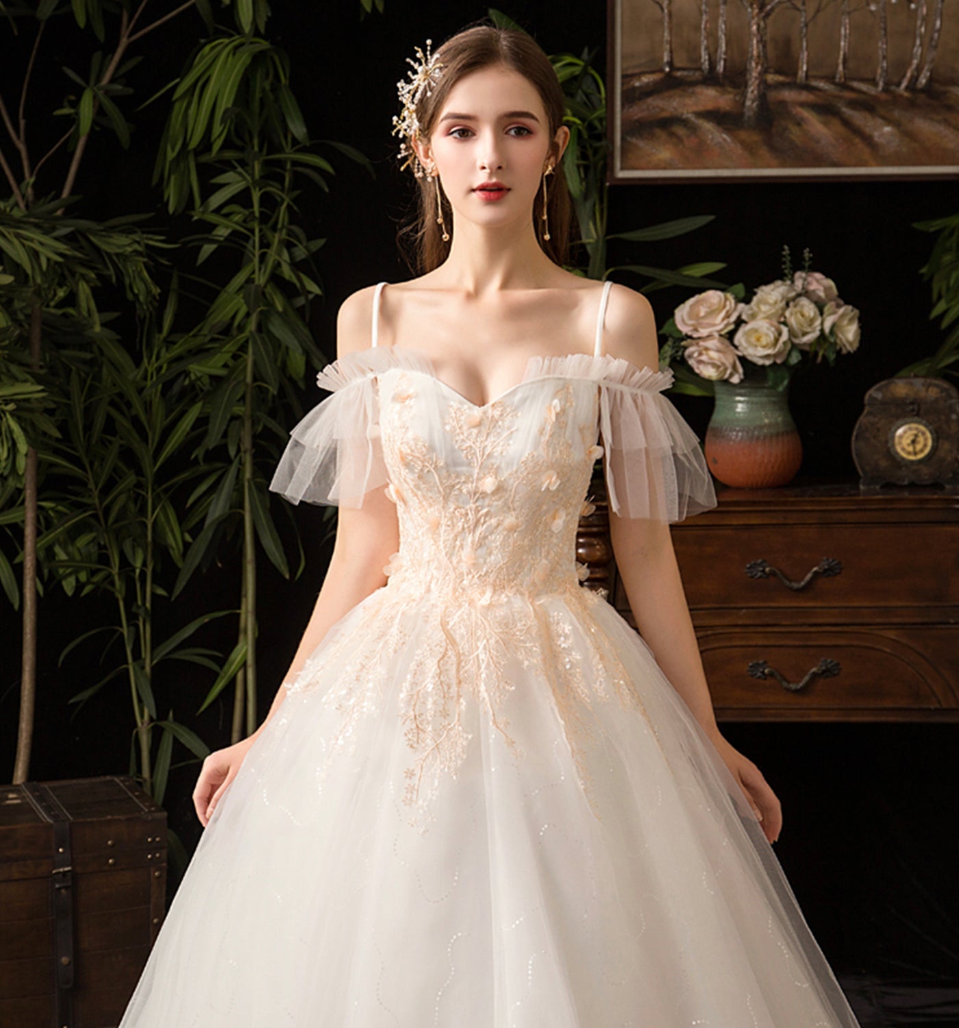 Cute tulle lace long prom dress A line evening gown  10086