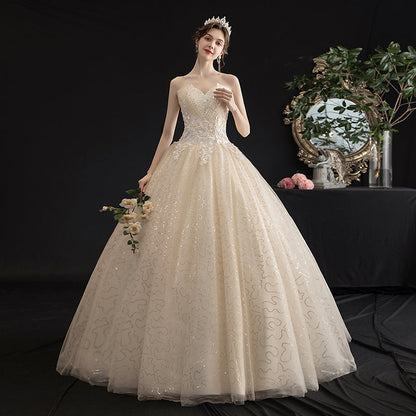 Champagne tulle sequins long ball gown dress  10087