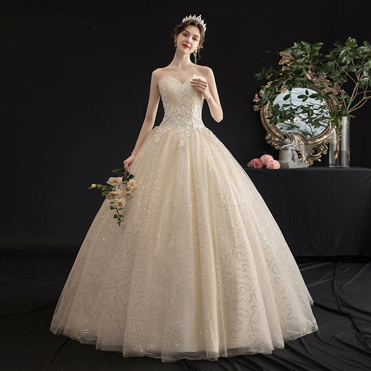 Champagne tulle sequins long ball gown dress  10087
