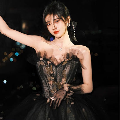 Black tulle long ball gown dress A line evening gown  10133