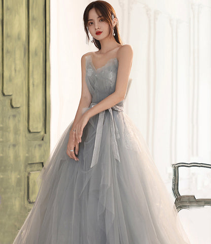Gray tulle lace long prom dress A line evening gown  10131