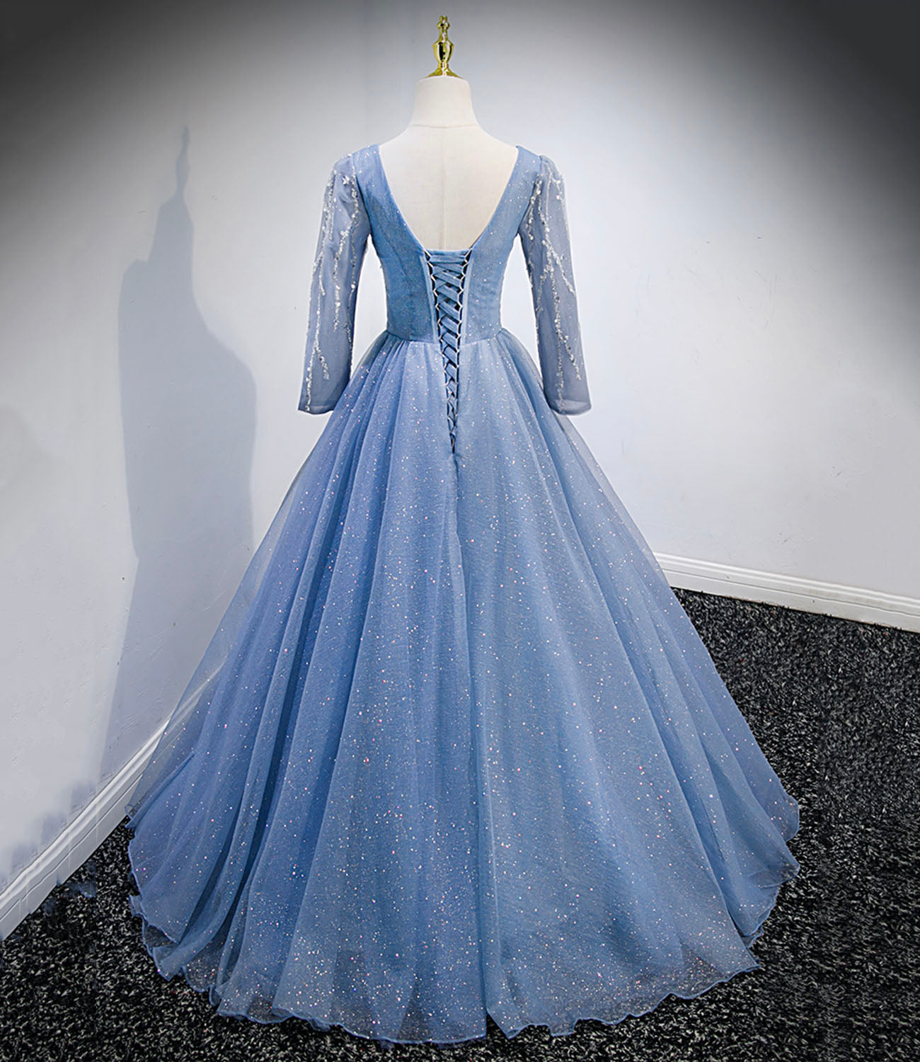 Blue tulle sequins long prom dress blue evening dress  10156