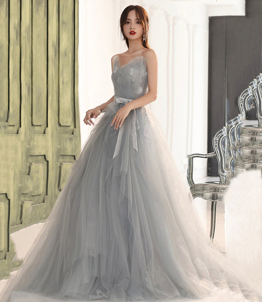 Gray tulle lace long prom dress A line evening gown  10131