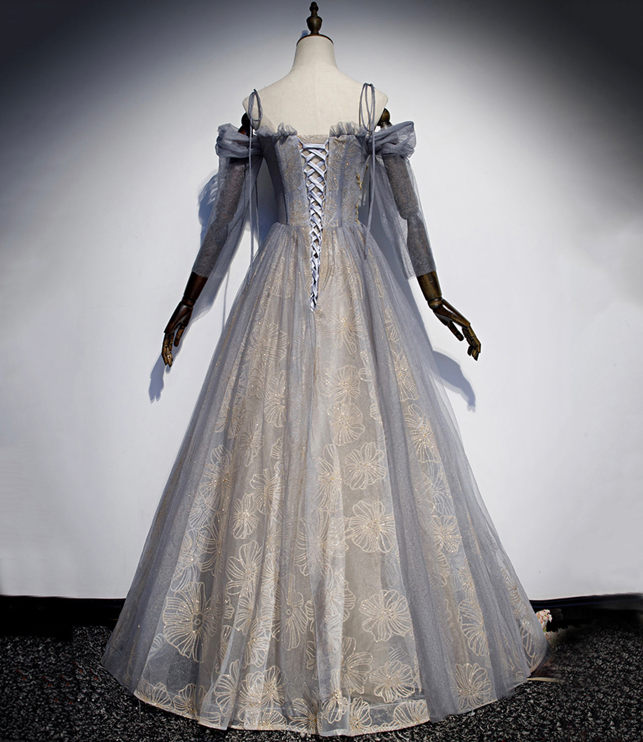 Gray tulle sequins long prom dress evening gown  10120