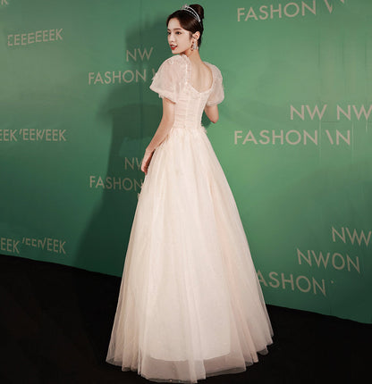 White tulle sequins long prom dress A line evening gown  10035