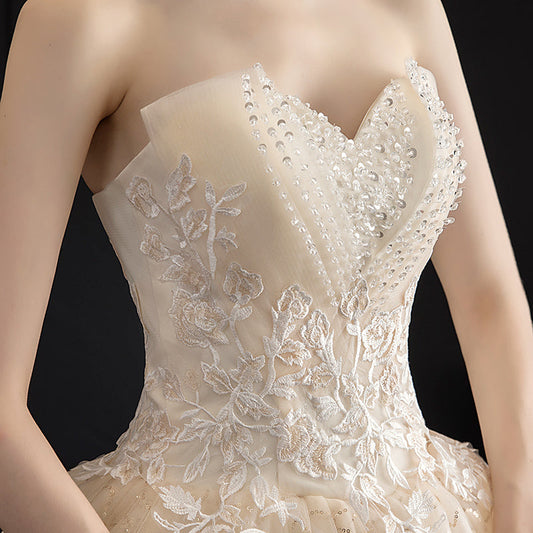 Champagne tulle sequins long ball gown dress  10087