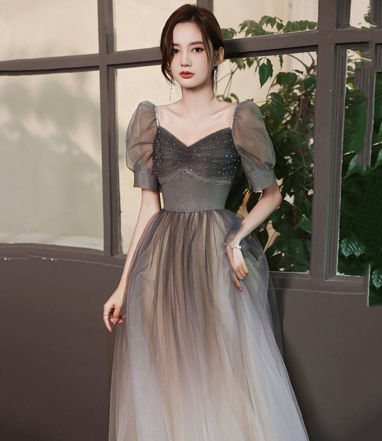 Cute tulle beads long A line prom dress evening gown  10060