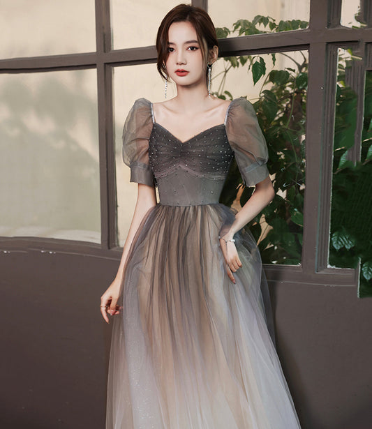 Cute tulle beads long A line prom dress evening gown  10060