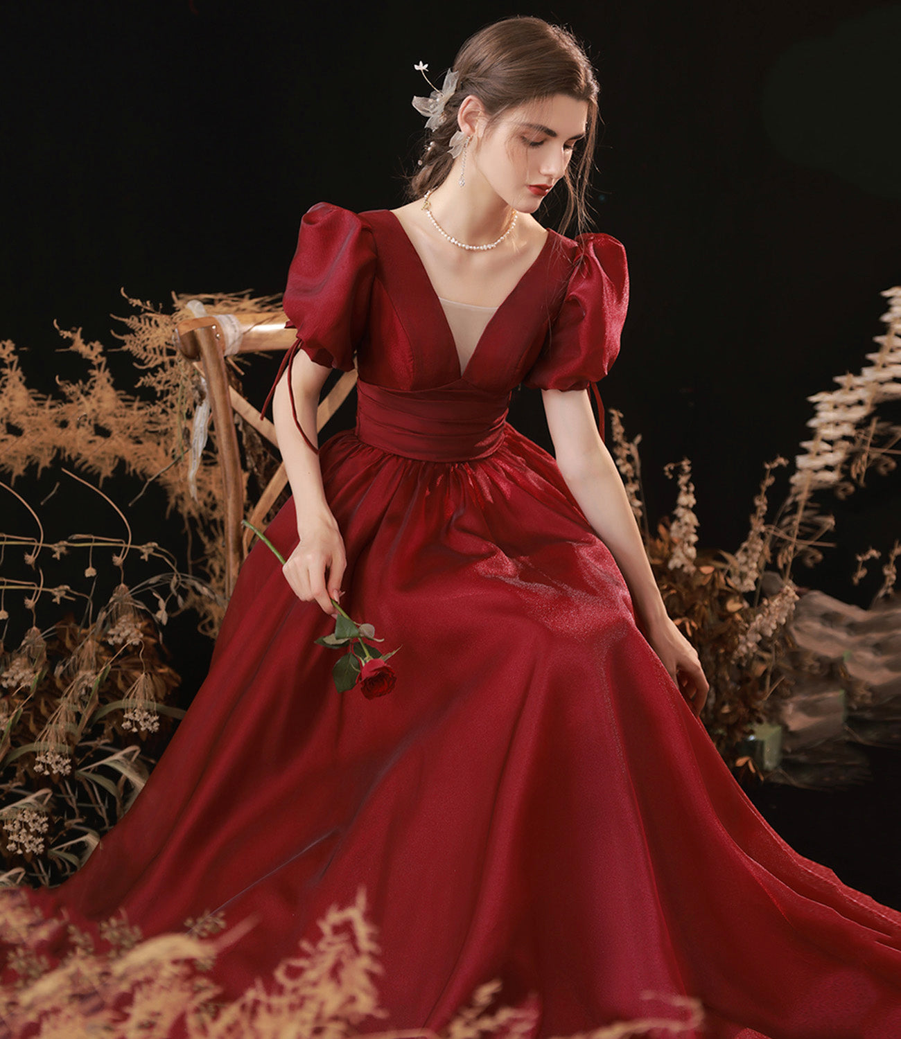 Burgundy v neck long prom dress A line evening gown  10078