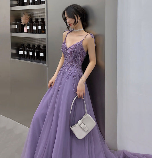 Purple tulle lace long prom dress A line evening gown  10127