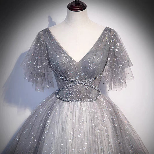 Gray tulle sequins long prom dress A line evening gown  10103
