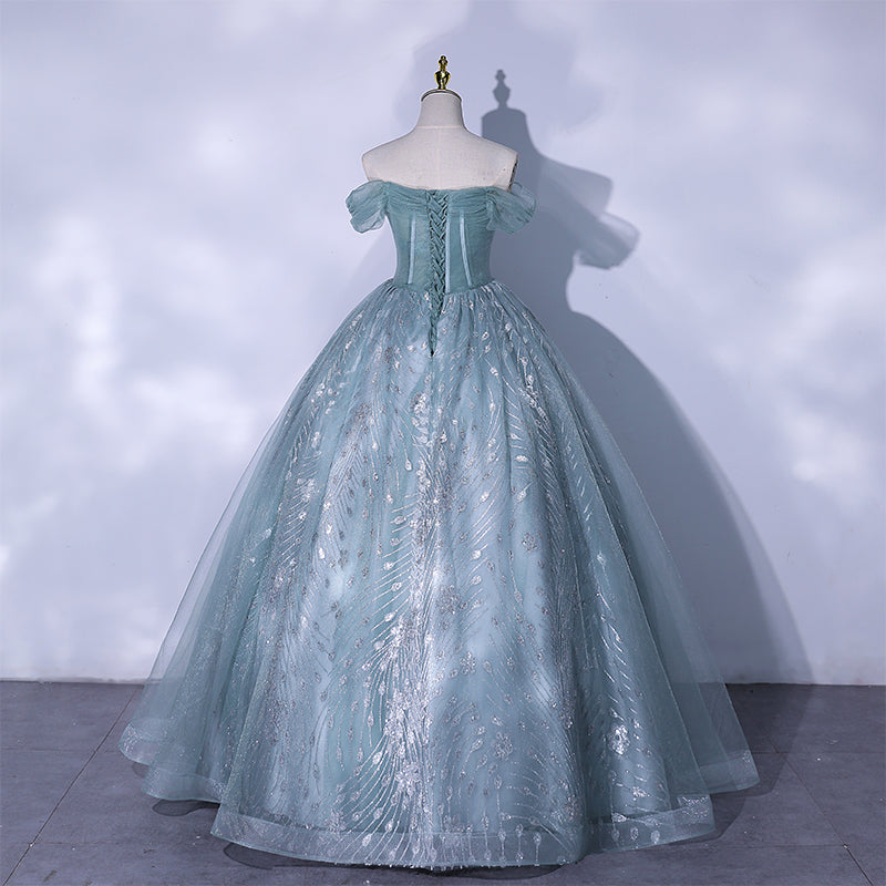 Blue tulle sequins long prom dress evening gown  10062