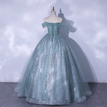 Blue tulle sequins long prom dress evening gown  10062