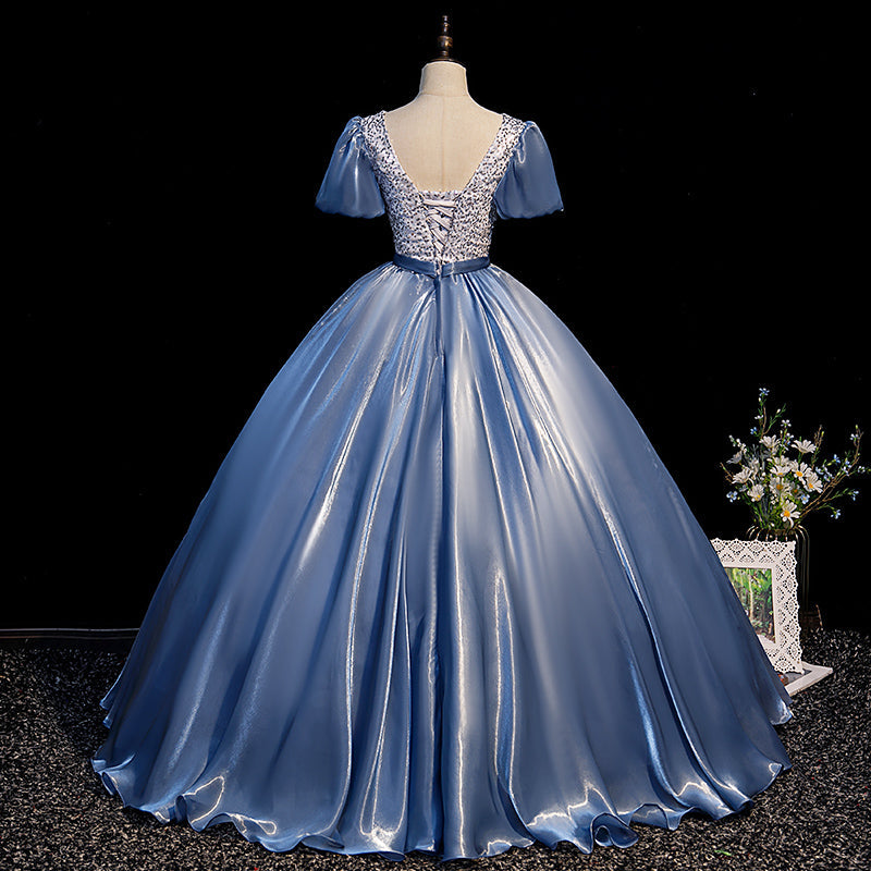 Blue satin long ball gown dress blue evening gown  10092