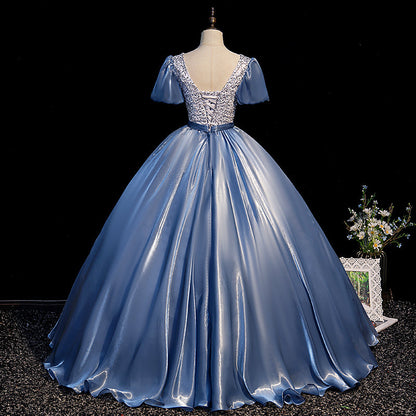 Blue satin long ball gown dress blue evening gown  10092