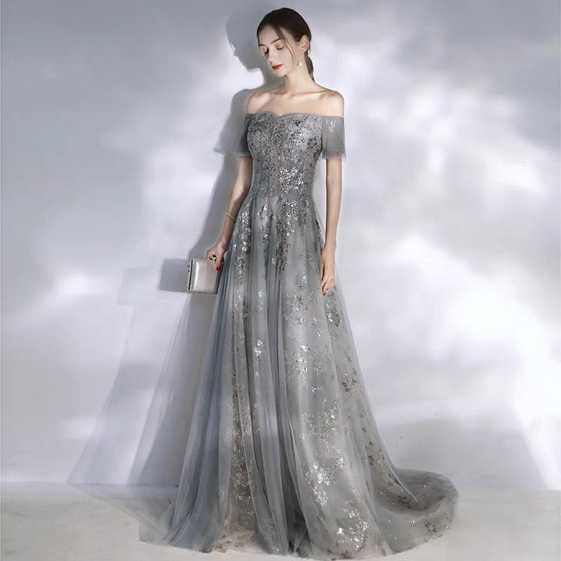 Gray tulle sequins long prom dress A line evening dress  10113