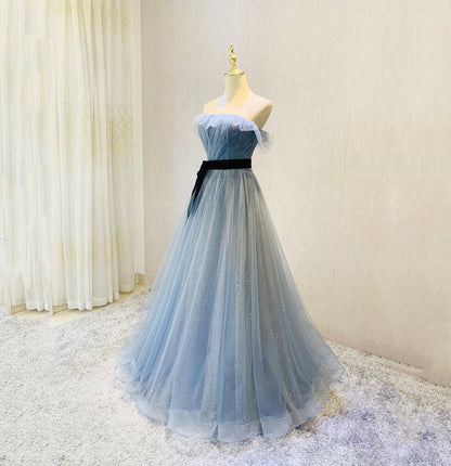 Blue tulle sequins long prom dress blue evening gown  10045