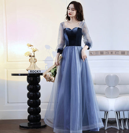 Blue vlevet tulle long prom dress A line evening gown  10077