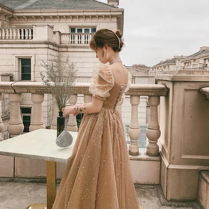 Gold tulle long prom dress A line evening dress  10085