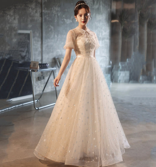 Cute tulle sequins long prom dress evening gown  10022