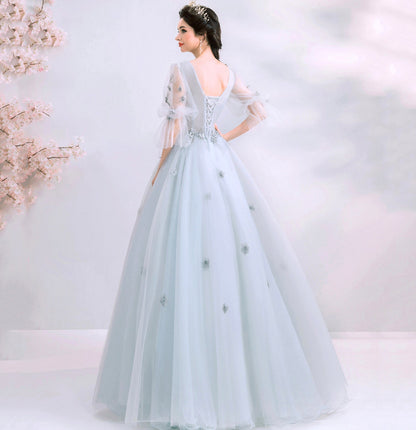 Gray tulle applique long prom dress evening gown  10100