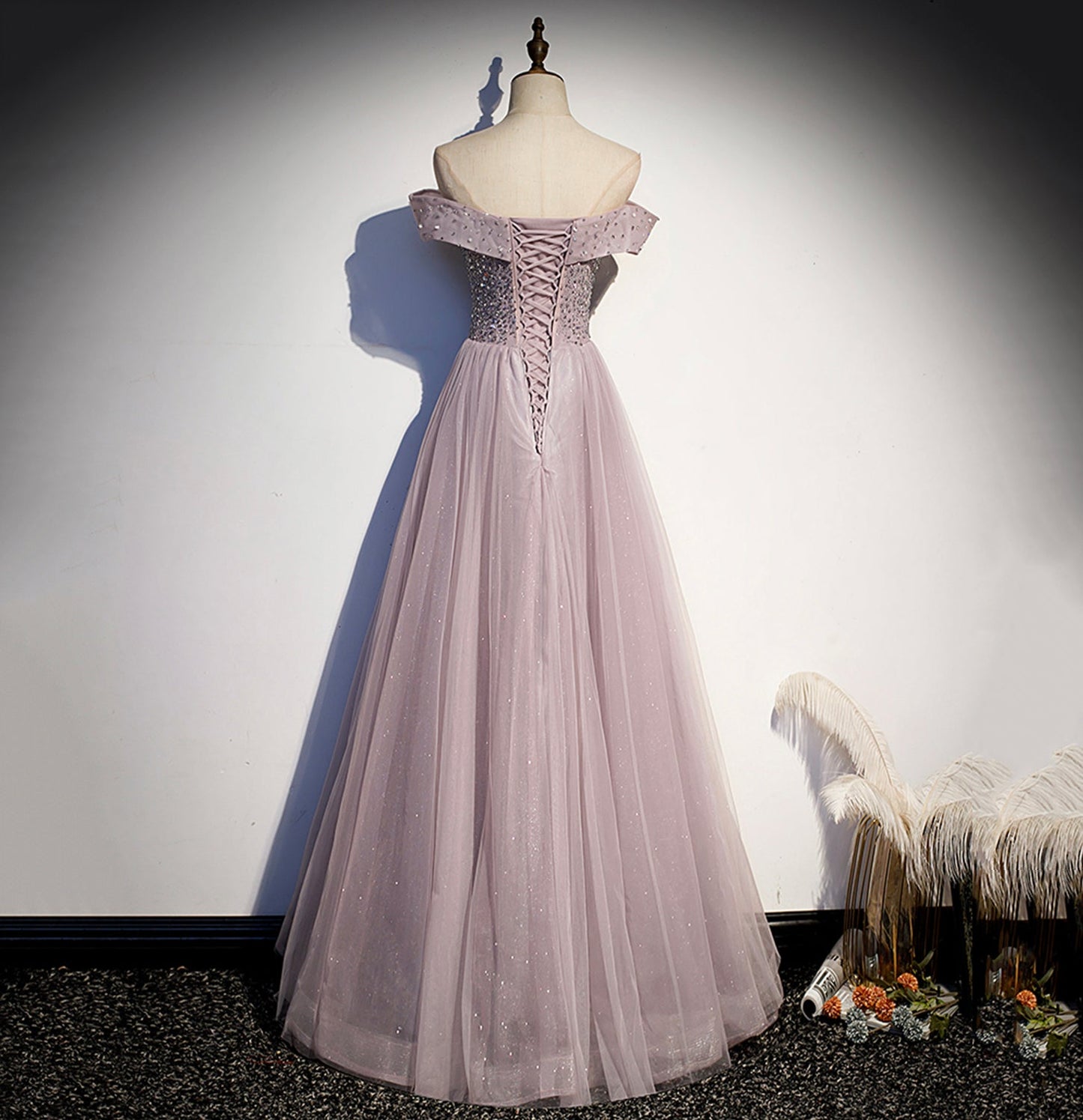 Cute tulle beads long A line prom dress evening gown  10038
