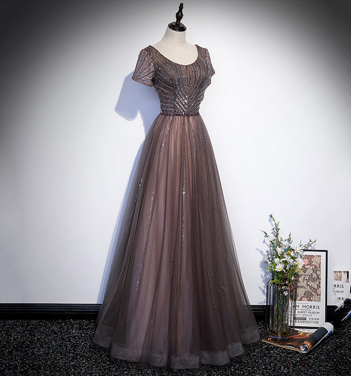 Shiny tulle beads long prom dress A line evening gown  10108