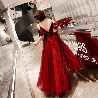 Burgundy v neck tulle sequins long prom dress, evening dress  10083