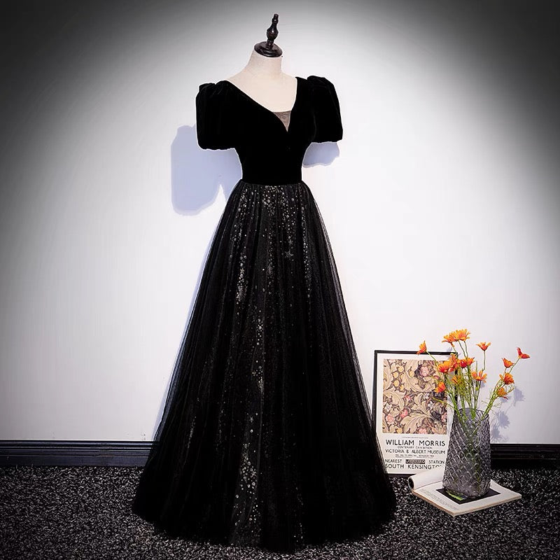 Black velvet tulle long prom dress A line evening gown  10106