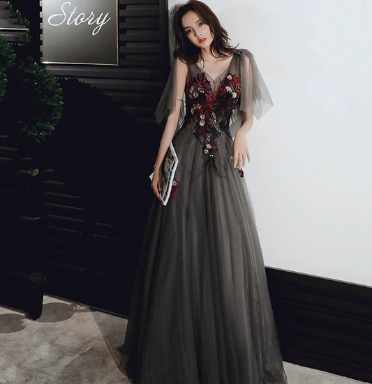 Black v neck tulle sequins long prom dress evening gown  10036