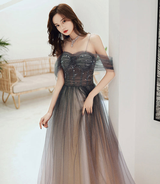 Cute tulle sequins long prom dress evening gown  10055