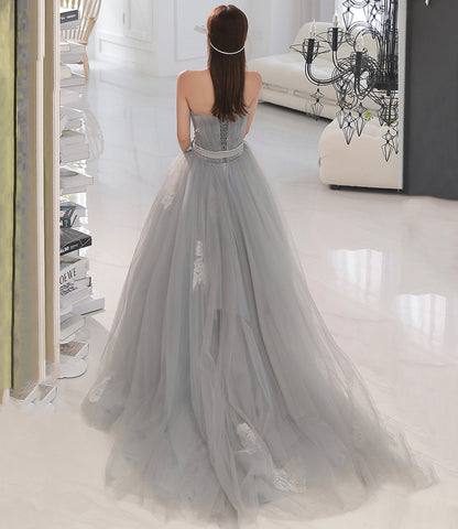 Gray tulle lace long prom dress A line evening gown  10131