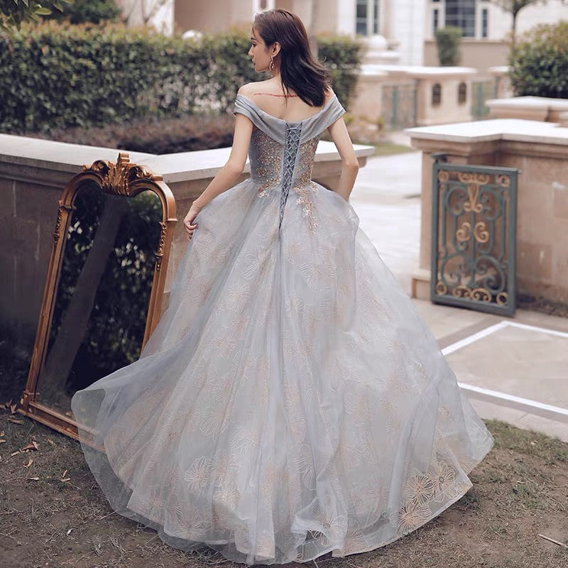 Cute tulle sequins long prom dress A line evening gown  10124