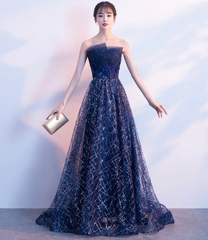 Blue tulle sequins long prom dress A line evening gown  10027