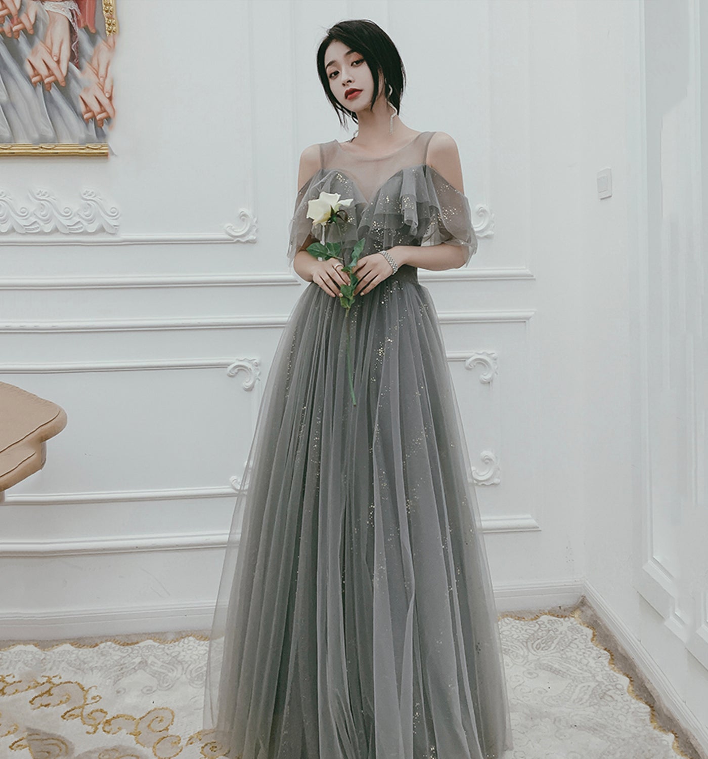 Cute tulle long A ine prom dress evening gown  10136