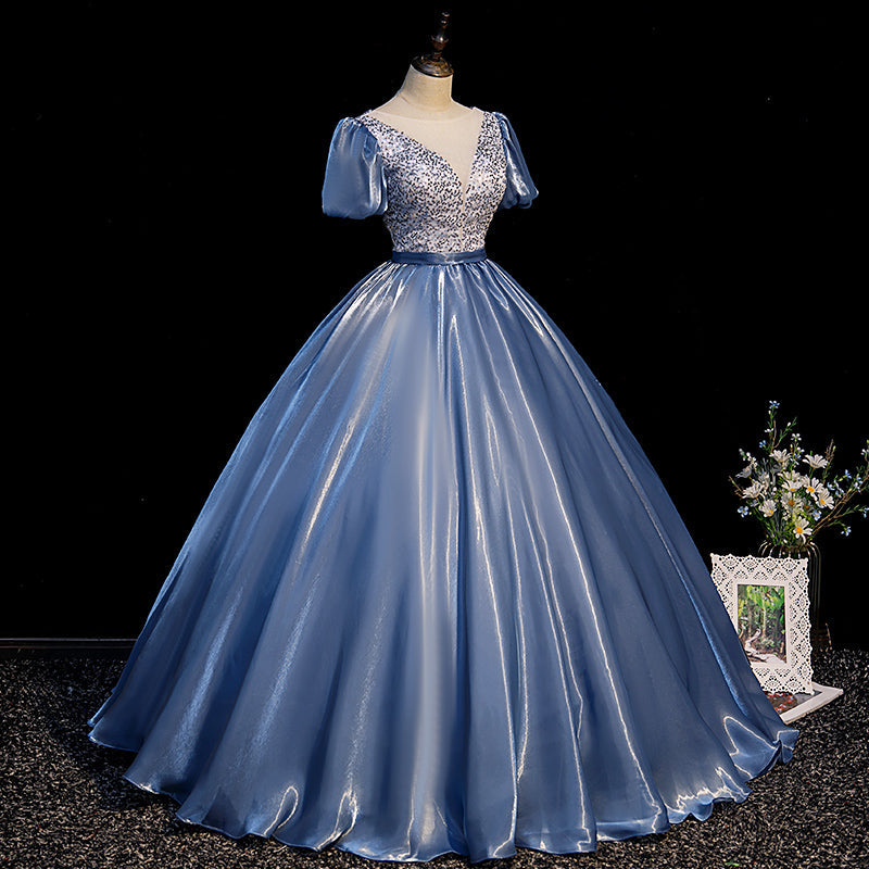 Blue satin long ball gown dress blue evening gown  10092