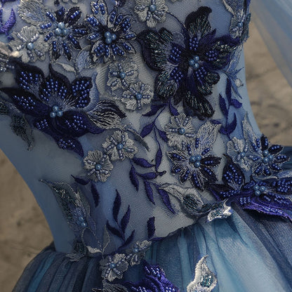 Blue tulle lace long ball gown dress blue evening gown  10091