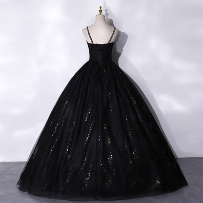 Black tulle long prom dress black evening gown  10066