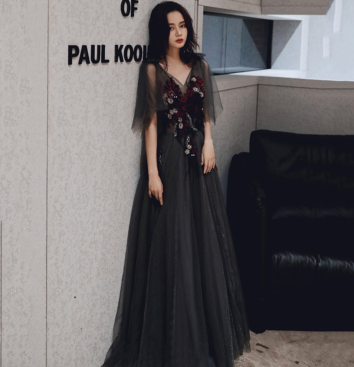 Black v neck tulle sequins long prom dress evening gown  10036