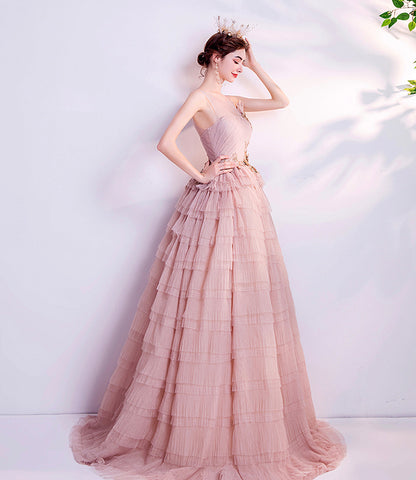 Pink tulle lace long prom dress A line evening gown  10059