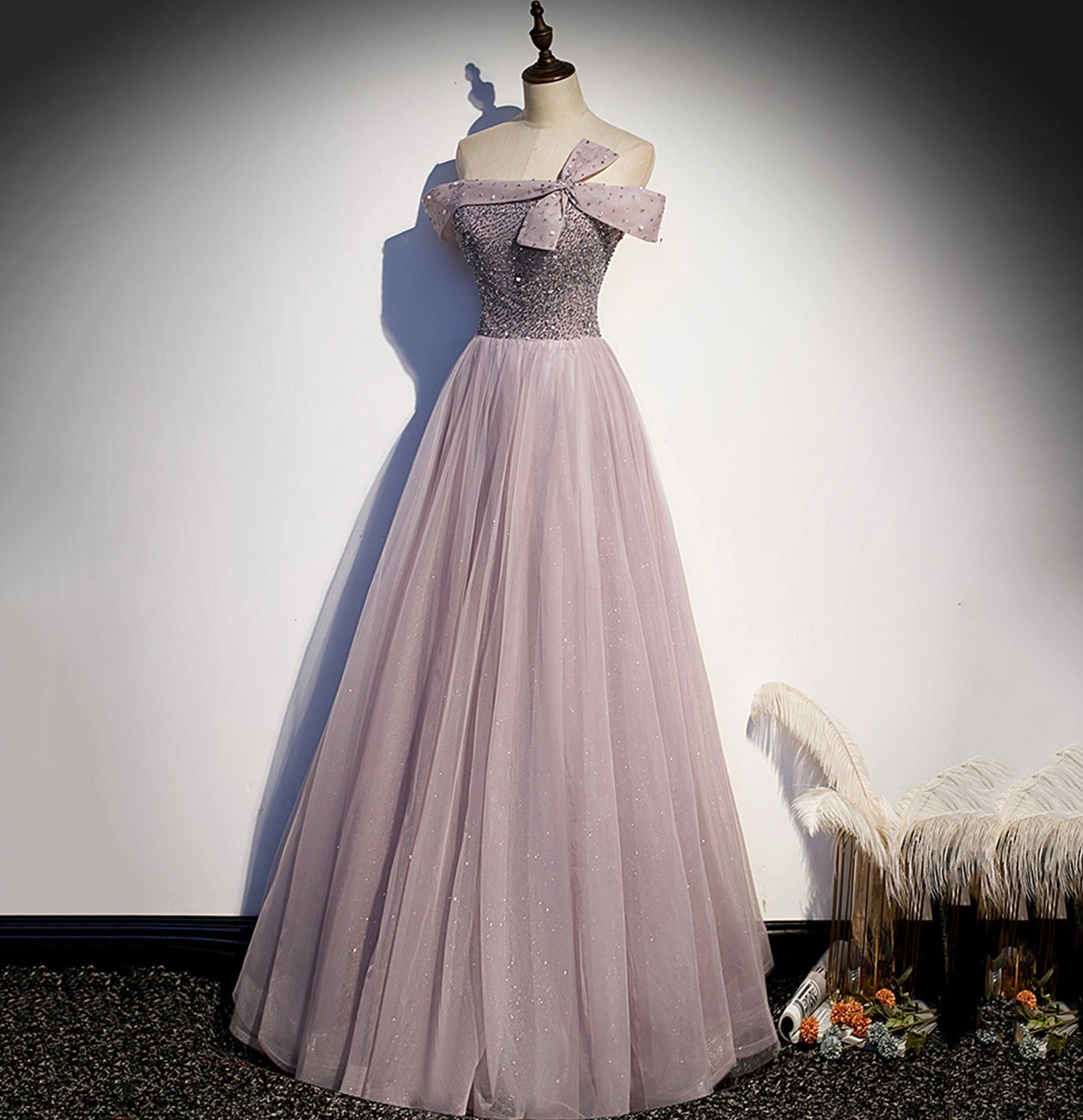 Cute tulle beads long A line prom dress evening gown  10038