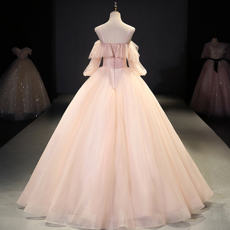 Pink tulle sequins long ball gown dress evening gown  10093