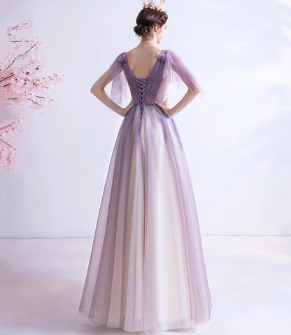 Purple v neck tulle long prom dress A line evening gown  10130