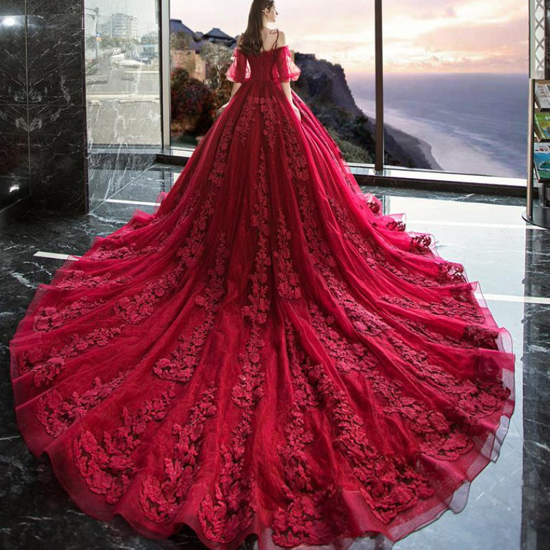 Burgundy lace long A line ball gown dress formal dress  10099