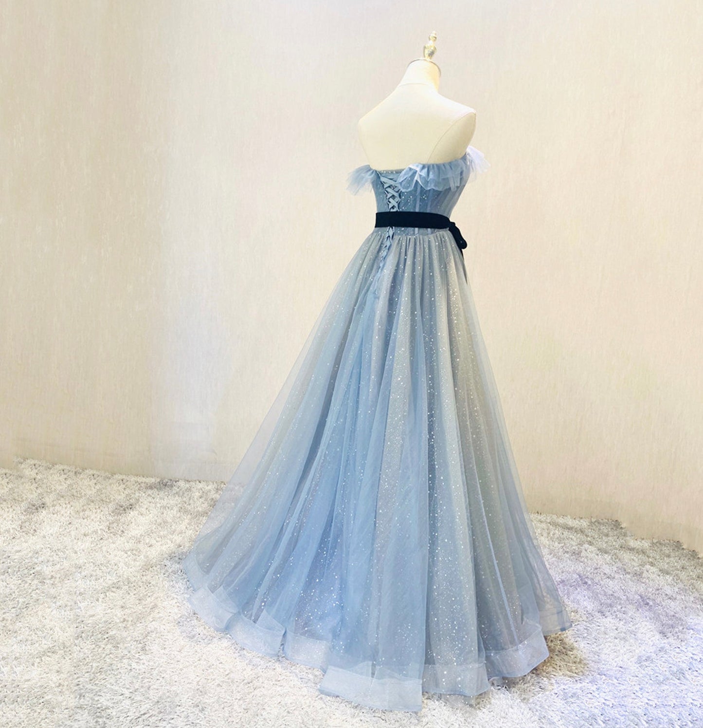 Blue tulle sequins long prom dress blue evening gown  10045
