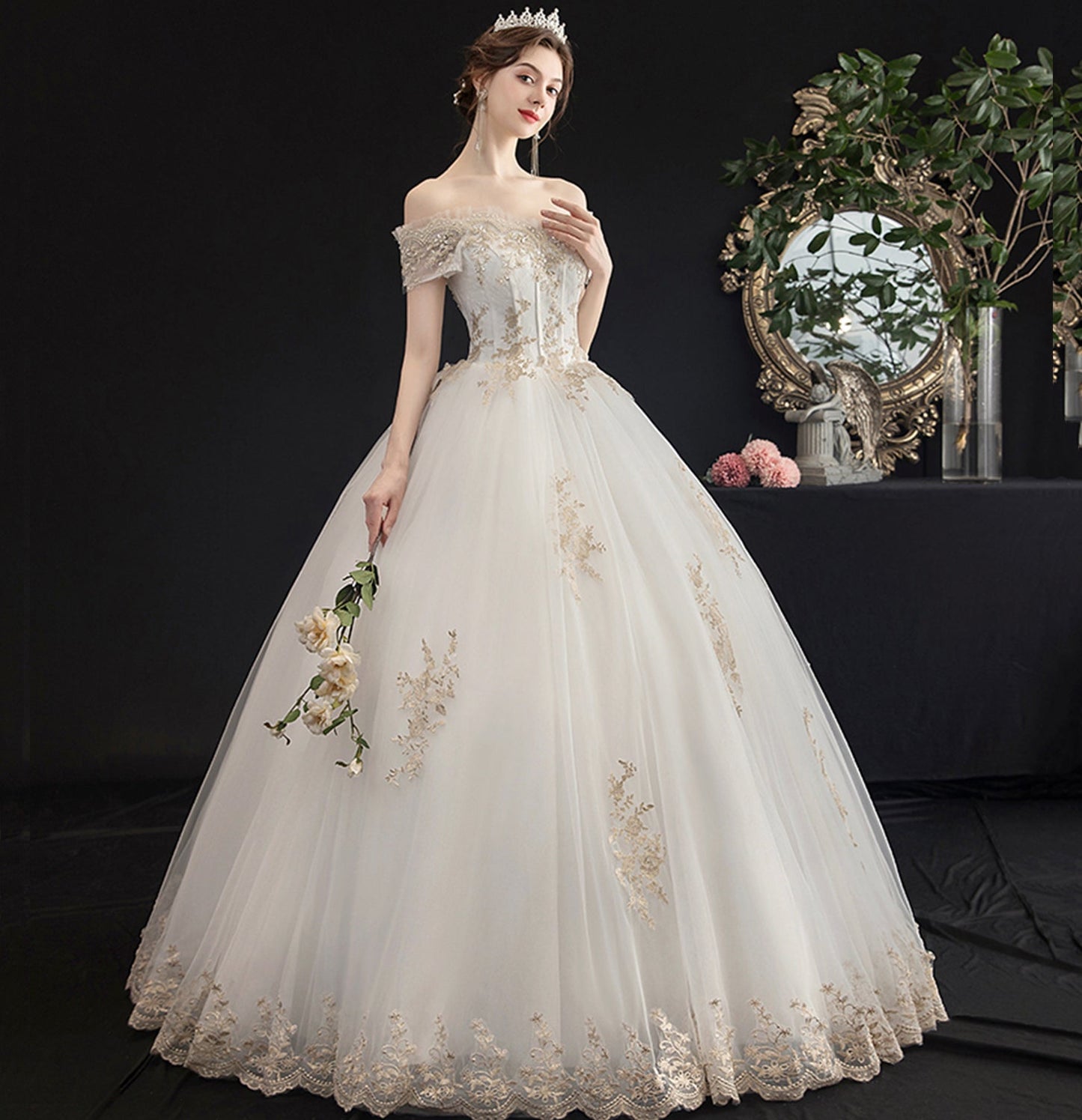 White tulle lace long ball gown dress formal dress  10116