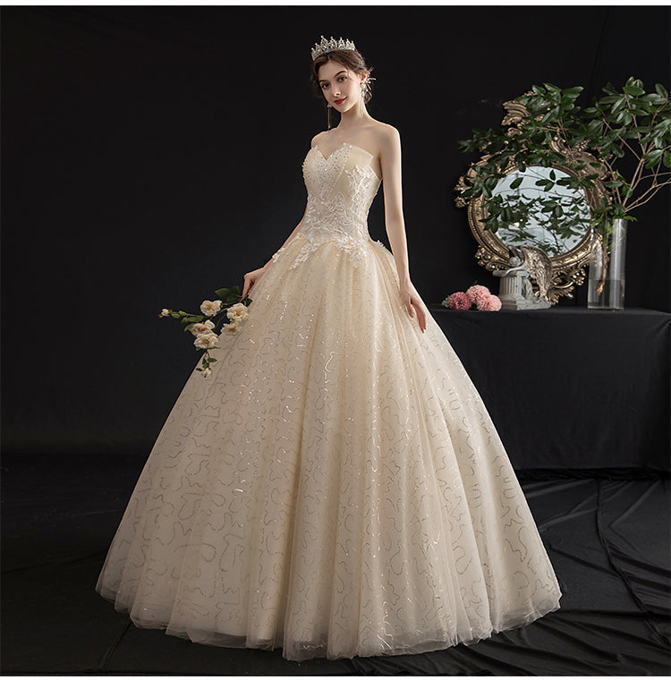 Champagne tulle sequins long ball gown dress  10087