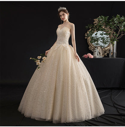 Champagne tulle sequins long ball gown dress  10087
