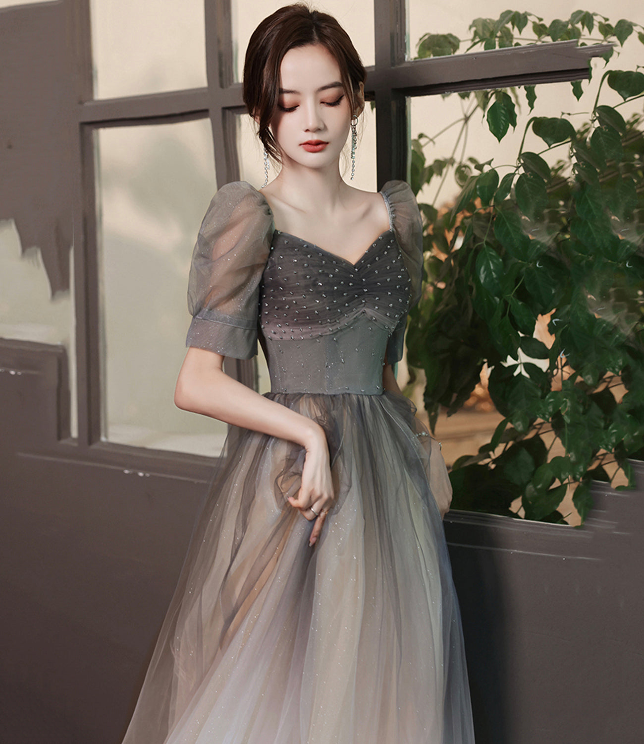 Cute tulle beads long A line prom dress evening gown  10060